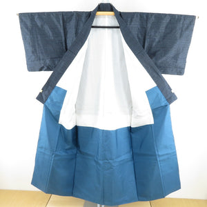 紬 着物 紺 正絹 横霞柄 袷 バチ衿 カジュアル 仕立て上がり  身丈145cm 美品