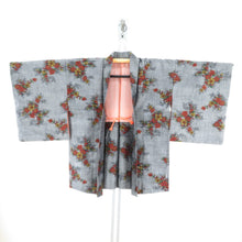 Load image into Gallery viewer, Tsumugi Kimono Ensemble Gray x Orange Flower Pure Silk Lined Bee Bee Collar Haori Set Casual Kimono Tailor