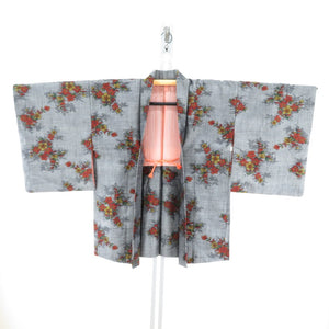 紬 着物 アンサンブル グレー×オレンジ 花 正絹 袷 バチ衿 羽織セット カジュアル着物 仕立て上がり 身丈157cm 美品