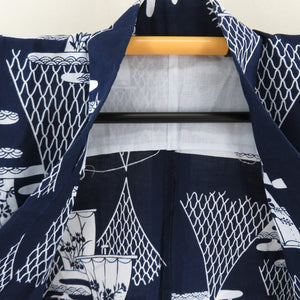 浴衣 女性用ゆかた コーマ地 網代に帆船 藍色 木綿 夏物 レディース 仕立て上がり 身丈154cm