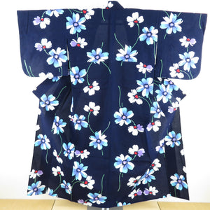 浴衣 女性用ゆかた コーマ地 藍色 野花 木綿 夏物 レディース 仕立て上がり 身丈155cm