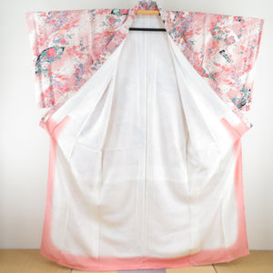 小紋 梅に扇子文様 正絹 桃色 袷 バチ衿 カジュアル 仕立て上がり 身丈162cm 美品