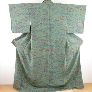 小紋 縮緬 流水に草花文様 正絹 緑色 袷 広衿 カジュアル 仕立て上がり着物 身丈167cm 美品