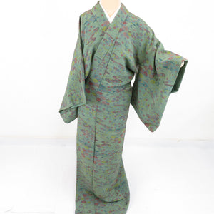 小紋 縮緬 流水に草花文様 正絹 緑色 袷 広衿 カジュアル 仕立て上がり着物 身丈167cm 美品