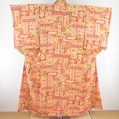 Komon mural and flower pattern pure silk orange, lined lined lined wide collar casual kimono 152cm beautiful goods