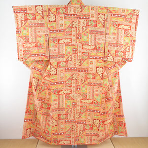 小紋 壁画に花文様 正絹 橙色 袷 広衿 カジュアル 仕立て上がり着物 身丈152cm 美品