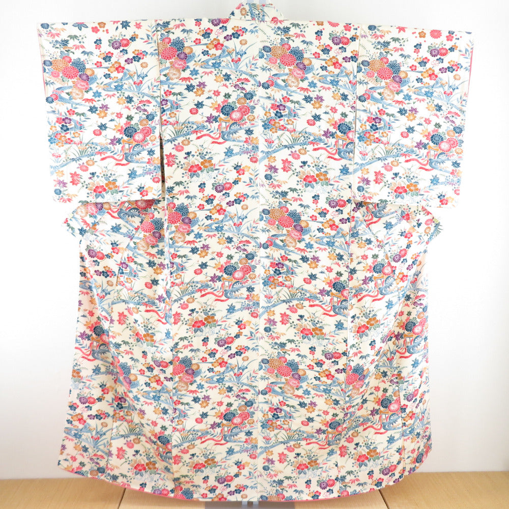 小紋 型染 花に流水文様 正絹 クリーム色 袷 バチ衿 カジュアル 仕立て上がり着物 身丈152cm 美品