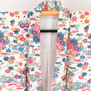 小紋 型染 花に流水文様 正絹 クリーム色 袷 バチ衿 カジュアル 仕立て上がり着物 身丈152cm 美品