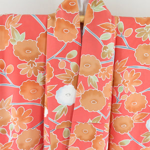 小紋 菊文様 正絹 赤桃色 袷 広衿 カジュアル 仕立て上がり着物 身丈162cm 美品