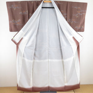 小紋 石畳に南天文様 正絹 茶色 袷 広衿 カジュアル 仕立て上がり着物 身丈155cm