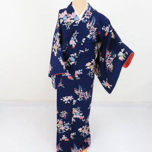 Komon Tsubaki chrysanthemum down Fujibun Pure silk pure silk blue lined wide lined wide collar casual tailoring kimono 155cm beautiful goods