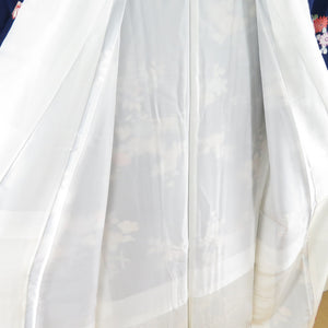 小紋 椿 菊 下り藤文様 正絹 紺色 袷 広衿 カジュアル 仕立て上がり着物 身丈155cm 美品