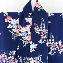 Load image into Gallery viewer, Komon Tsubaki Chrysanthemum Down Fujiwafumi Pure silk navy blue lined wide lined wide collar Casual tailoring kimono 155cm beautiful goods