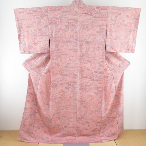 Komon crepe building on a flower sentence pure silk peach purple lined lined lined wide collar casual tailoring kimono 164cm beautiful goods