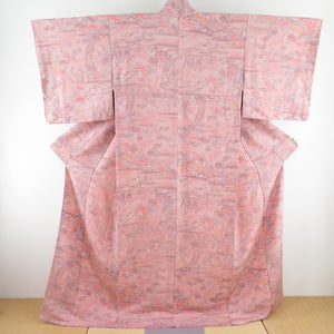 Komon crepe building on a flower sentence pure silk peach purple lined lined lined wide collar casual tailoring kimono 164cm beautiful goods