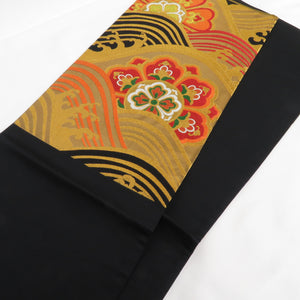 袋帯 振袖用 波に華文様 美術工芸織 金糸 ブラック色 六通柄 正絹 フォーマル 仕立て上がり 長さ432cm 美品