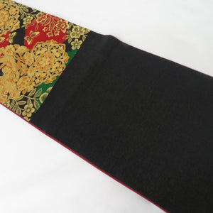 袋帯 振袖用 華紋に花蝶文様 金糸 ブラック・グリーン・レッド色 六通柄 正絹 フォーマル 仕立て上がり 長さ436cm 美品