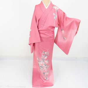 訪問着 江戸小紋柄 花文様 ピンク色 正絹 袷 広衿 セミフォーマル 仕立て上がり 身丈160cm 美品