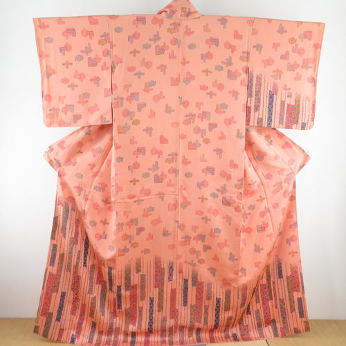 訪問着 更紗文様 橙色 正絹 袷 広衿 紋なし セミフォーマル 仕立て上がり 身丈161cm 美品