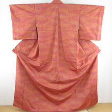 画像をギャラリービューアに読み込む, 紬 着物 変わり格子 織り文様 袷 バチ衿 赤橙色 正絹 カジュアル着物 仕立て上がり 身丈163cm