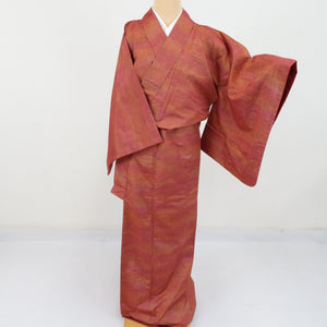 紬 着物 変わり格子 織り文様 袷 バチ衿 赤橙色 正絹 カジュアル着物 仕立て上がり 身丈163cm