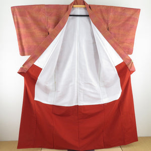 紬 着物 変わり格子 織り文様 袷 バチ衿 赤橙色 正絹 カジュアル着物 仕立て上がり 身丈163cm
