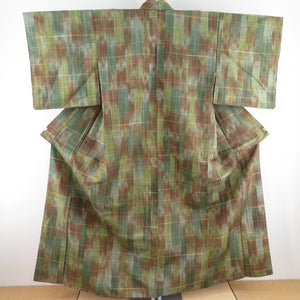 紬 着物 変わり格子 織り文様 袷 バチ衿 緑茶色 正絹 カジュアル着物 仕立て上がり 身丈156cm 美品