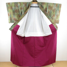 Load image into Gallery viewer, Tsumugi Kimono Change Lattice Weapon Pattern Lined Bee Bachi Collar Green Brown Pure Silk Casual Kimono Tailor