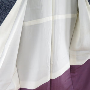紬 着物 ヱ霞に建物 織り文様 袷 バチ衿 黒紫色 正絹 カジュアル着物 仕立て上がり 身丈153cm