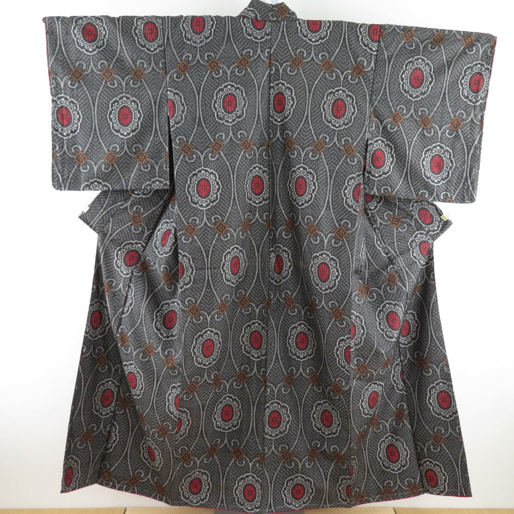 紬 着物 立涌に花紋 織り文様 袷 バチ衿 黒色 正絹 カジュアル着物 仕立て上がり 身丈150cm