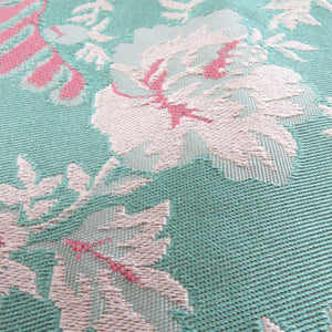 Half -width band 100% polyester Green x thin beige flower x staggered lattice yukata zone small belt zone half -width in Japan 400cm