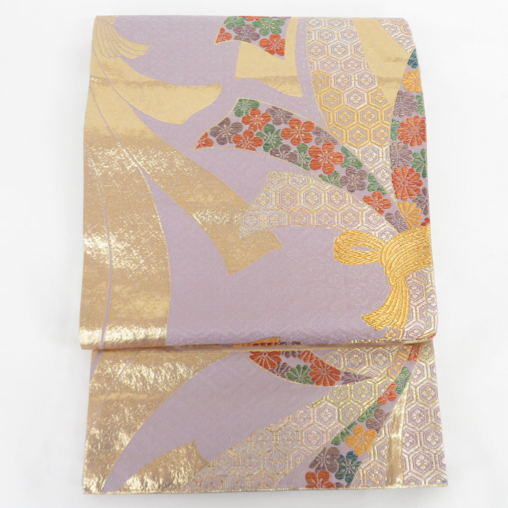 袋帯 束ね熨斗文様 紫色 金糸 六通柄 正絹 フォーマル 仕立て上がり 着物帯 長さ443cm 美品