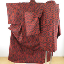 Load image into Gallery viewer, Tsumugi Kimono Ensemble Ensemble On the turtle shell Hanabishi Pure silk red black lined wide lined wide collar set Casual kimono tailor up 168cm
