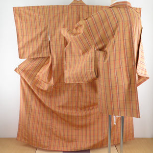紬 着物 アンサンブル 格子 正絹 橙色 袷 バチ衿 羽織セット カジュアル着物 仕立て上がり 身丈164cm 美品