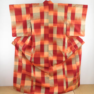 紬 着物 アンサンブル 市松 正絹 橙茶色 袷 バチ衿 羽織セット カジュアル着物 仕立て上がり 身丈165cm 美品