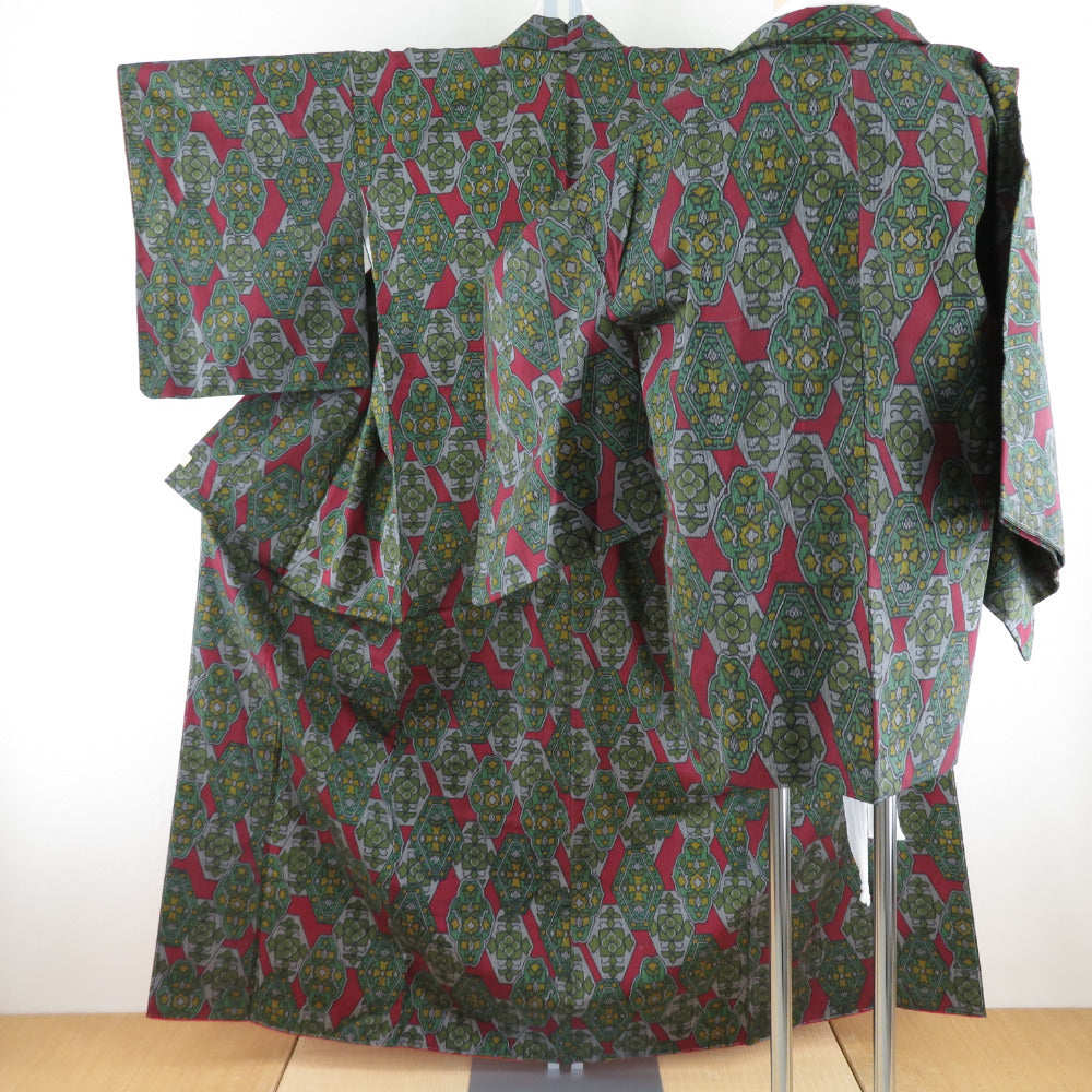 紬 着物 アンサンブル 花紋 正絹 紫緑色 袷 バチ衿 羽織セット カジュアル着物 仕立て上がり 身丈157cm 美品