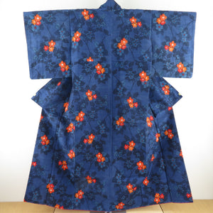紬 着物 紫陽花 織り文様 袷 広衿 青色 正絹 カジュアル着物 仕立て上がり 身丈158cm 美品