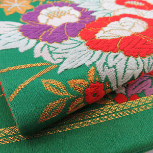 正絹 子供帯 緑色 花車 女児用 全通柄 織文様  長さ388cm 美品