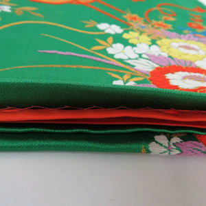 正絹 子供帯 緑色 花車 女児用 全通柄 織文様  長さ388cm 美品