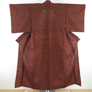 ウール着物 単衣 黒・橙色 籠目柄 織り文様 バチ衿 カジュアルきもの 仕立て上がり 身丈152cm 美品