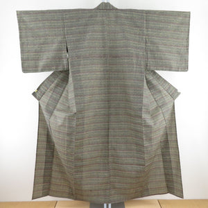 ウール着物 単衣 灰緑色 横飾り柄 織り文様 バチ衿 カジュアルきもの 仕立て上がり 身丈155cm 美品
