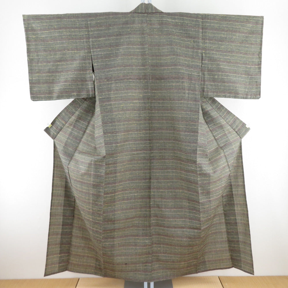 ウール着物 単衣 灰緑色 横飾り柄 織り文様 バチ衿 カジュアルきもの 仕立て上がり 身丈155cm 美品