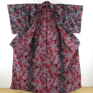 ウール着物 単衣 黒・赤色 花柄 織り文様 バチ衿 カジュアルきもの 仕立て上がり 身丈160cm 美品