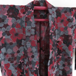 ウール着物 単衣 黒・赤色 花柄 織り文様 バチ衿 カジュアルきもの 仕立て上がり 身丈160cm 美品