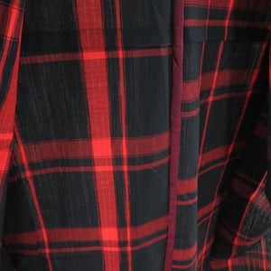 ウール着物 単衣 赤・黒色 格子柄 織り文様 バチ衿 カジュアルきもの 仕立て上がり 身丈151cm 美品