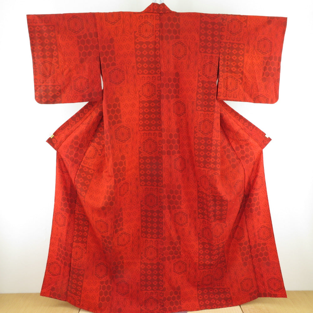 ウール着物 単衣 赤橙色 裂取り和柄 織り文様 バチ衿 カジュアルきもの 仕立て上がり 身丈164cm 美品
