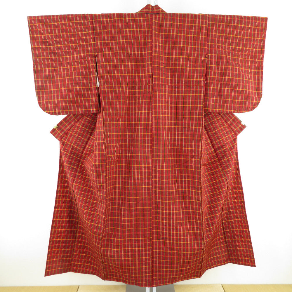ウール着物 単衣 赤色 格子柄 織り文様 バチ衿 カジュアルきもの 仕立て上がり 身丈151cm