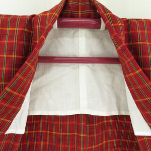ウール着物 単衣 赤色 格子柄 織り文様 バチ衿 カジュアルきもの 仕立て上がり 身丈151cm