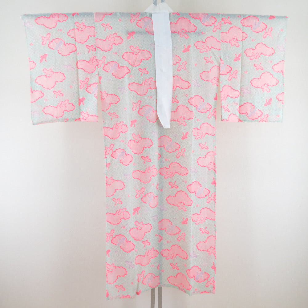 襦袢 モス ウール長襦袢 鶴に雲柄 ピンク色 単衣 バチ衿 洗える 仕立て上がり カジュアル 身丈130cm