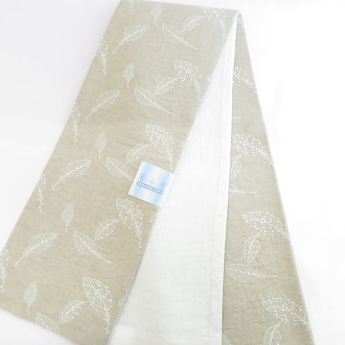 半幅帯 半巾帯 小袋帯 麻 刺繍 ベージュ×ホワイト リーフ 葉柄 細帯 カジュアル用 小紋 浴衣 仕立て上がり 日本製 長さ400cm